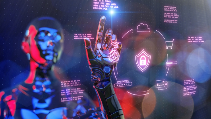A futuristic robot hand interacting with a digital security interface, symbolizing AI cybersecurity risks such as deepfakes, ransomware, and data theft.
